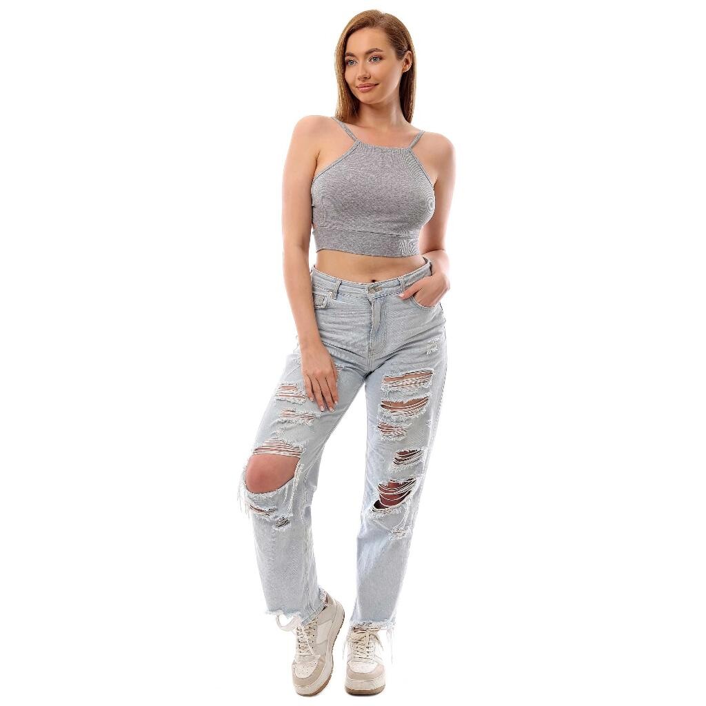 Fitilli Arkadan Bağlamalı Kemerli Crop Top Büstiyer Gri 40300 - 2