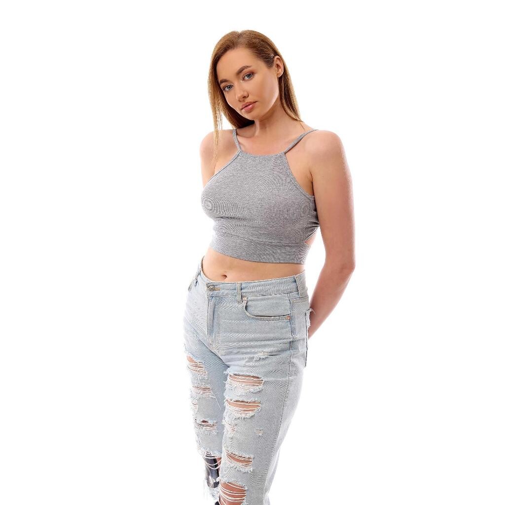 Fitilli Arkadan Bağlamalı Kemerli Crop Top Büstiyer Gri 40300 - 4