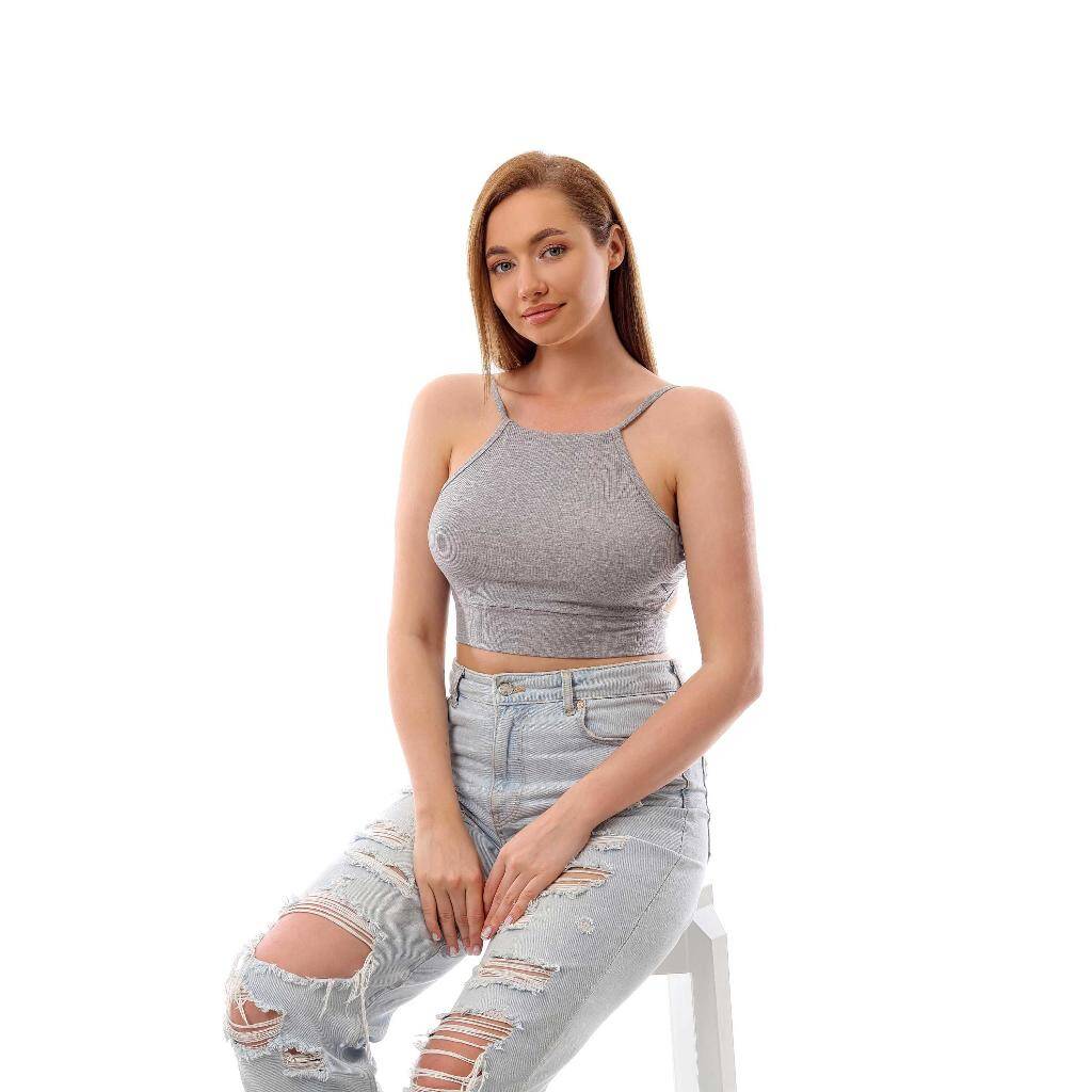 Fitilli Arkadan Bağlamalı Kemerli Crop Top Büstiyer Gri 40300 - 5