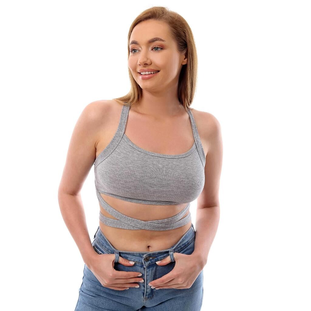 Fitilli Çapraz Bağlamalı Crop Top Büstiyer Gri 35400 