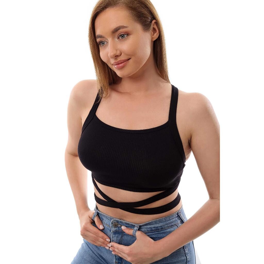 Fitilli Çapraz Bağlamalı Crop Top Büstiyer Siyah 35400 