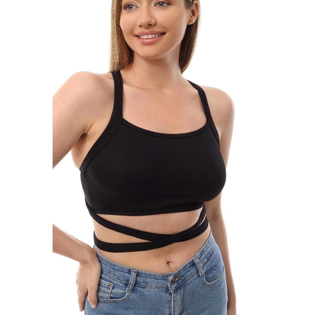 Fitilli Çapraz Bağlamalı Crop Top Büstiyer Siyah 35400 - 3