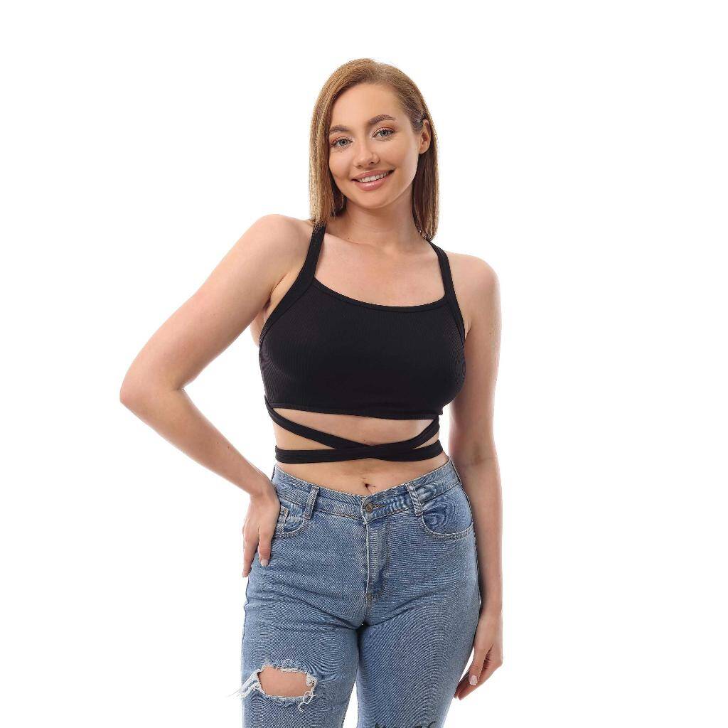 Fitilli Çapraz Bağlamalı Crop Top Büstiyer Siyah 35400 - 4