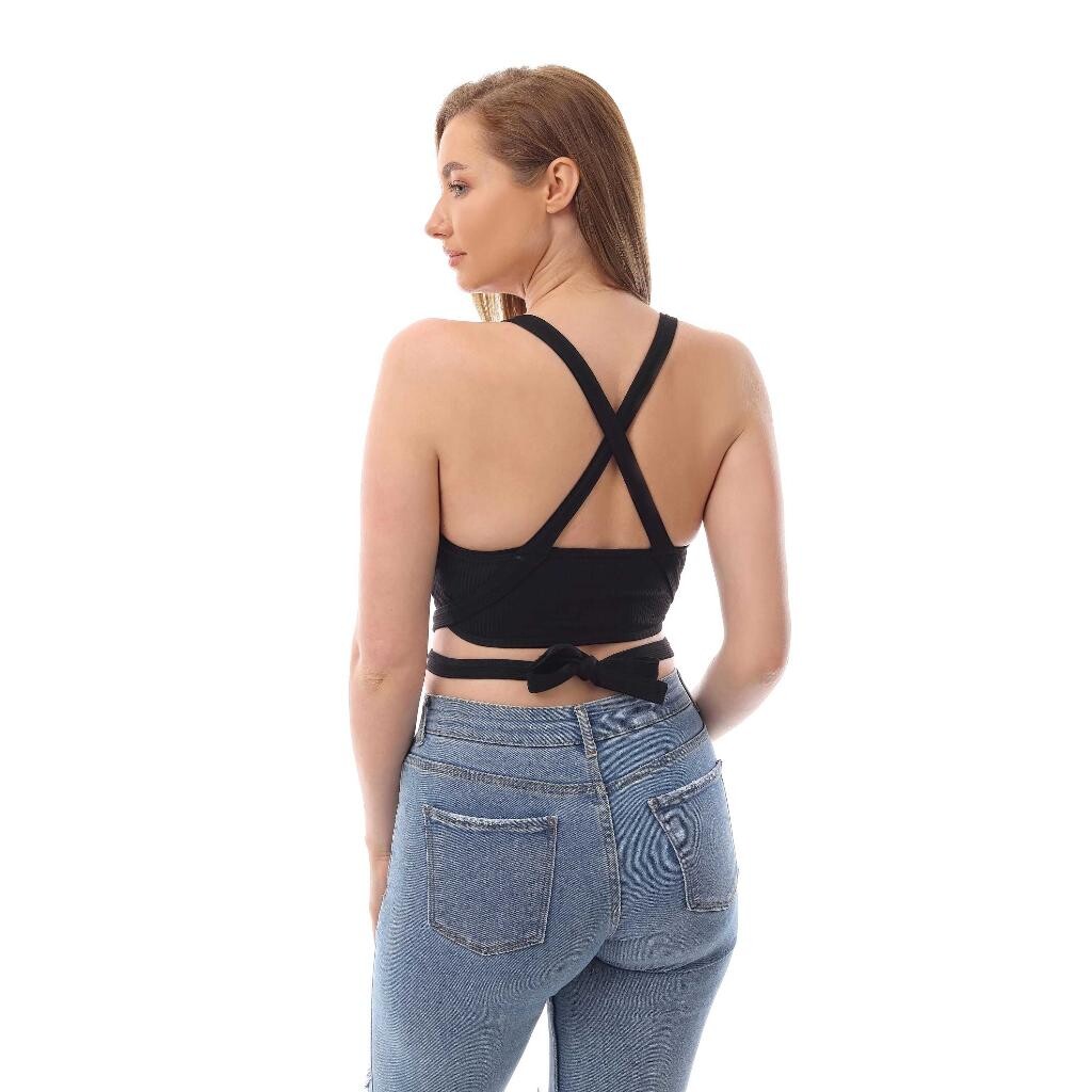 Fitilli Çapraz Bağlamalı Crop Top Büstiyer Siyah 35400 - 5