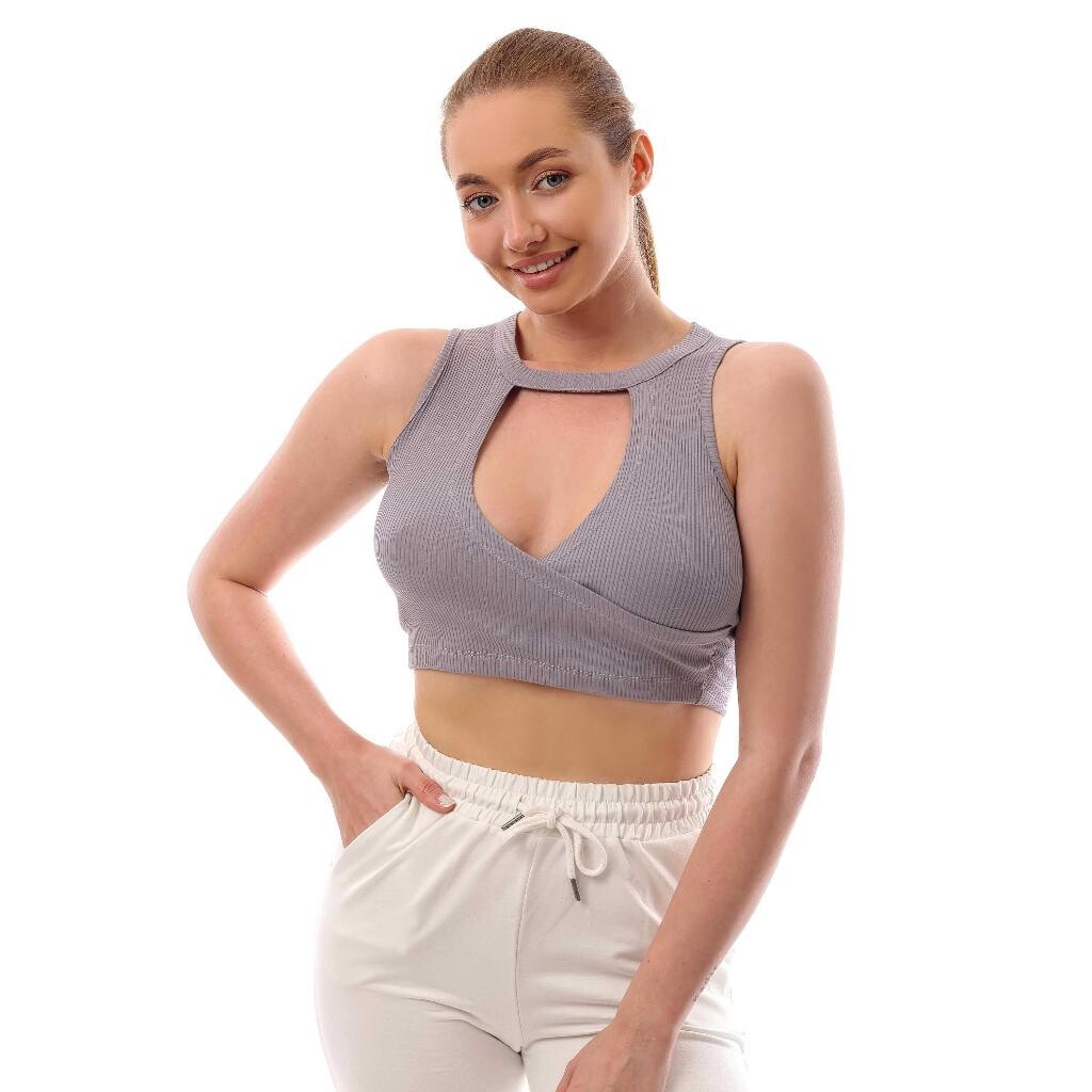 Fitilli Göğüs Pencere Detaylı Crop Top Büstiyer Gri 37400 