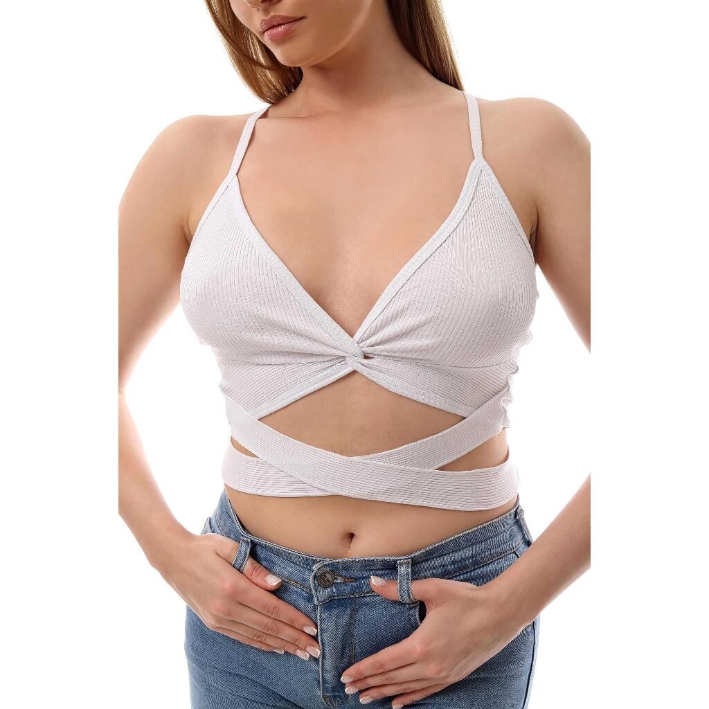 Fitilli İnce Askılı Arkadan Bağlamalı Crop Top Büstiyer Beyaz 37300 