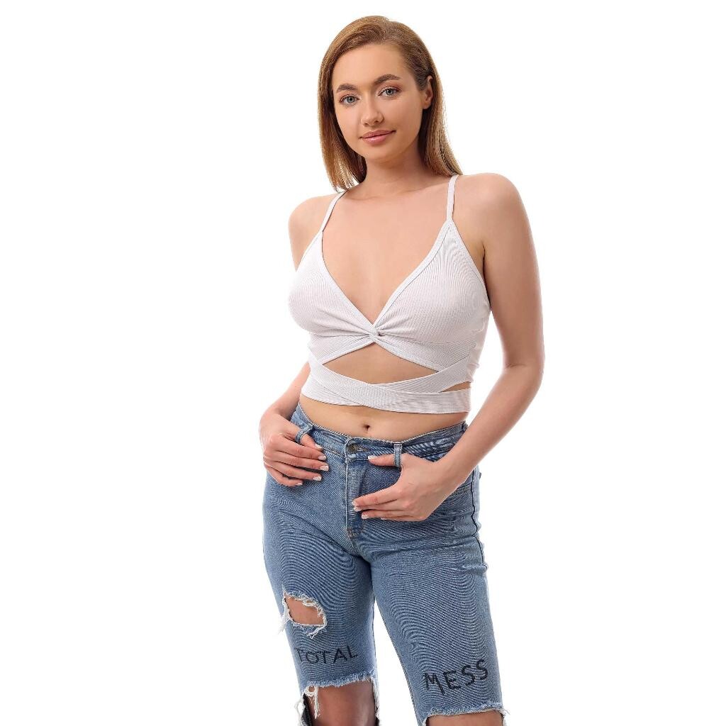 Fitilli İnce Askılı Arkadan Bağlamalı Crop Top Büstiyer Beyaz 37300 - 3