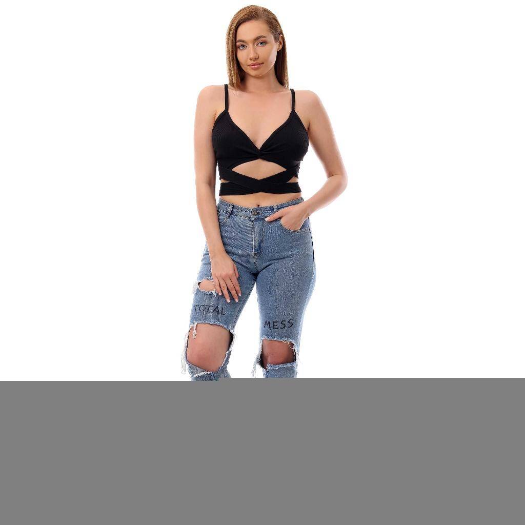 Fitilli İnce Askılı Arkadan Bağlamalı Crop Top Büstiyer Siyah 37300 - 1