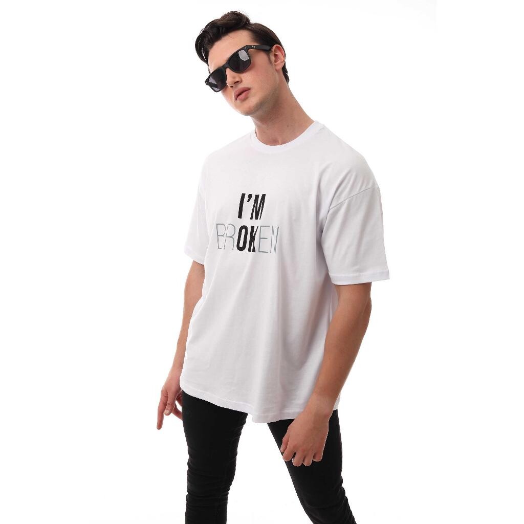 I'm Ok Relaxed Oversize Basic Erkek T-shirt Beyaz 6000 