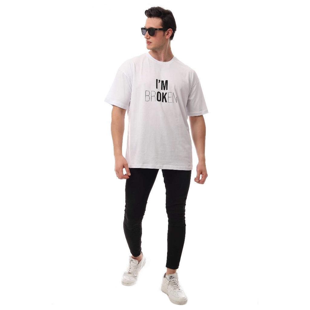 I'm Ok Relaxed Oversize Basic Erkek T-shirt Beyaz 6000 - 2