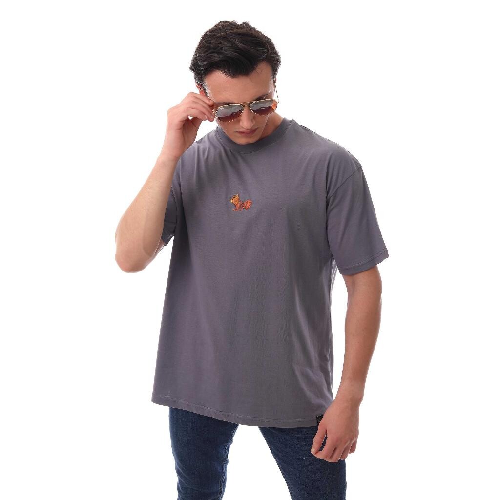 Sincap Nakışlı Relaxed Oversize Basic Erkek T-shirt Füme 6001 - 4